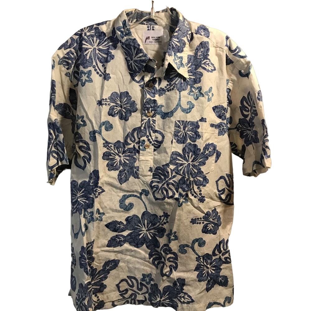 Malihini Vintage Men’s L Blue Floral Short Sleeve Button Down Hawaiian Shirt